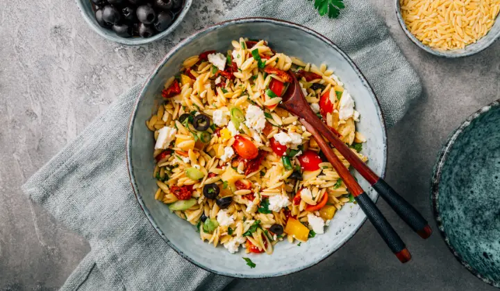 A bowl filled with Orzo Salad